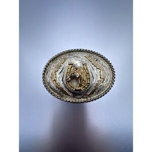 Vintage Western Belt Buckle Two-Tone Horse Head Horseshoe Rope Edge Hallmark J